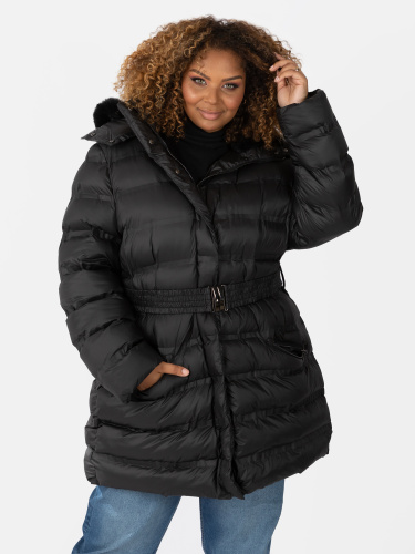 Lovedrobe Black Belted Puffer Coat with Removable Faux Fur Hood
