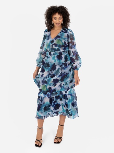 Lovedrobe Abstract Watercolour Print Long Sleeve Midi Dress