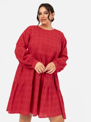 Lovedrobe Red Long Sleeve Broderie Smock Dress