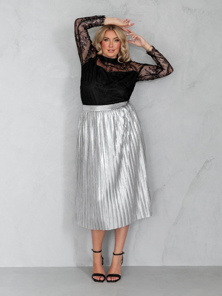 Lovedrobe Silver Metallic Pleated Midi Skirt