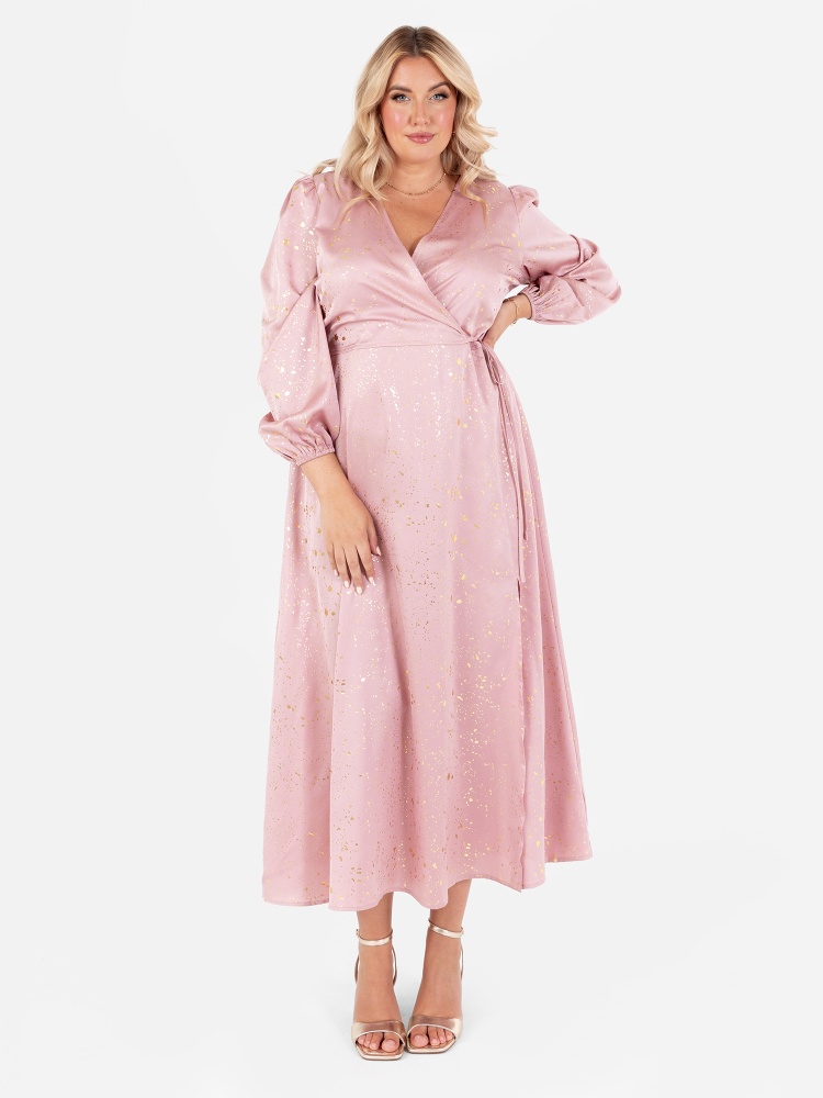 Lovedrobe Blush Pink Wrap Midi Dress with Gold Detail